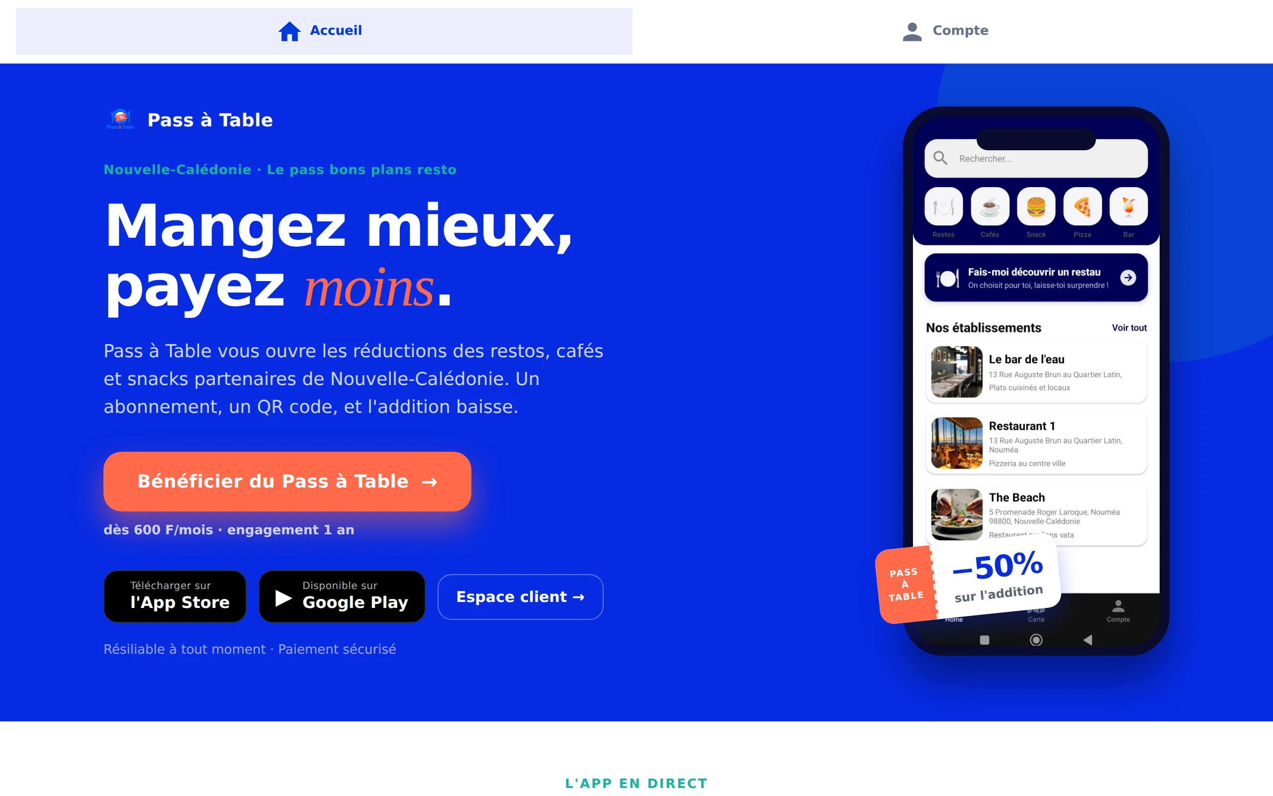 Page d’accueil de Pass à Table sur ordinateur